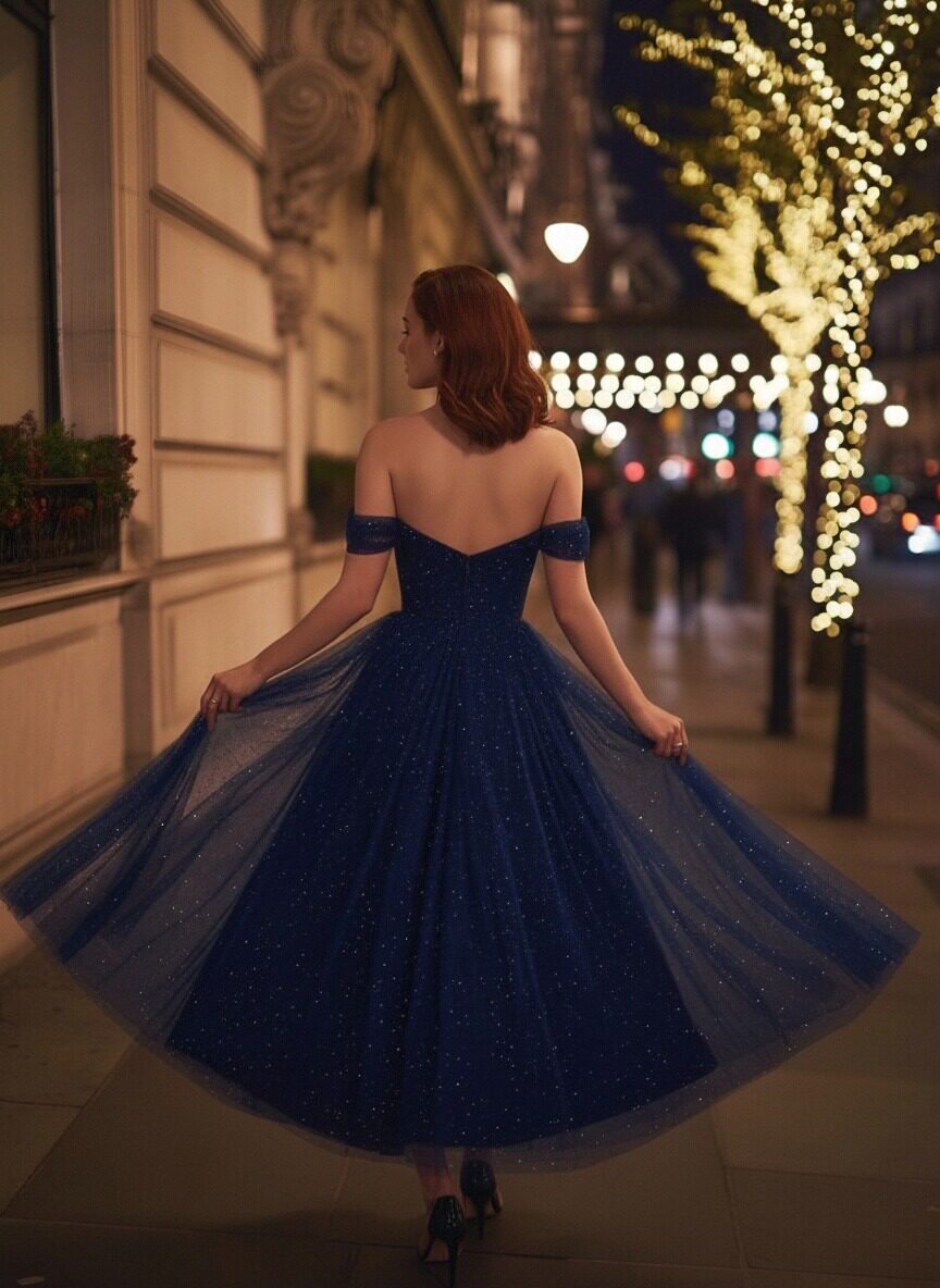 Off Shoulder Tea Length Sequin A Line Formal Dresses