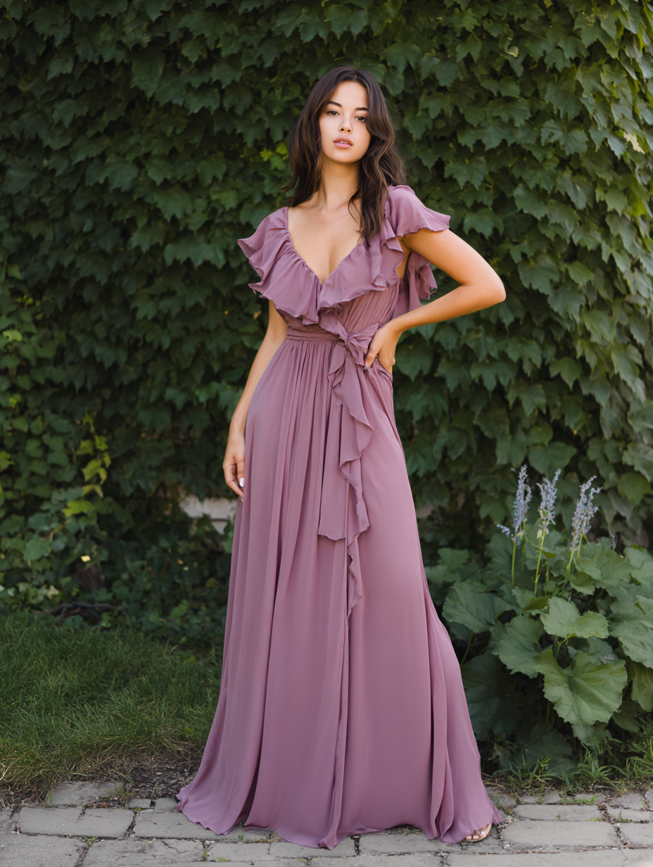 Short Sleeves V Neck Ruffles Chiffon Formal Dresses