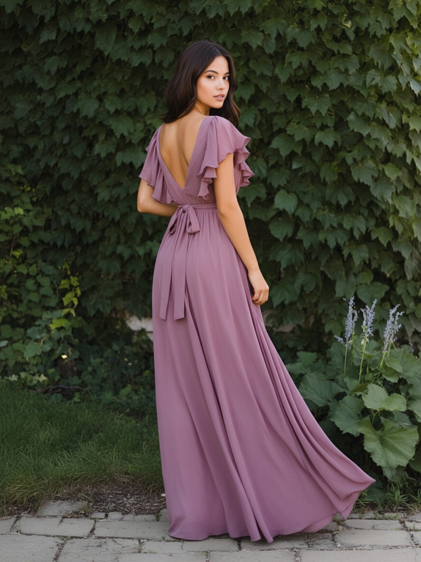 Short Sleeves V Neck Ruffles Chiffon Formal Dresses