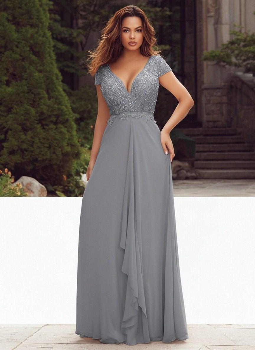 Short Sleeves V Neck Appliques Chiffon Formal Dresses