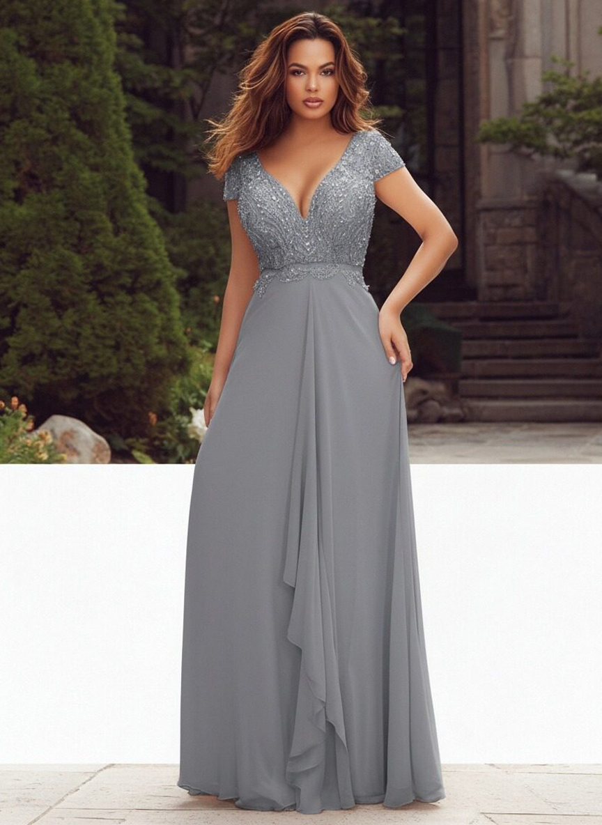 Short Sleeves V Neck Appliques Chiffon Formal Dresses
