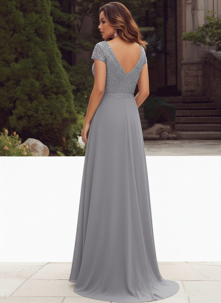 Short Sleeves V Neck Appliques Chiffon Formal Dresses