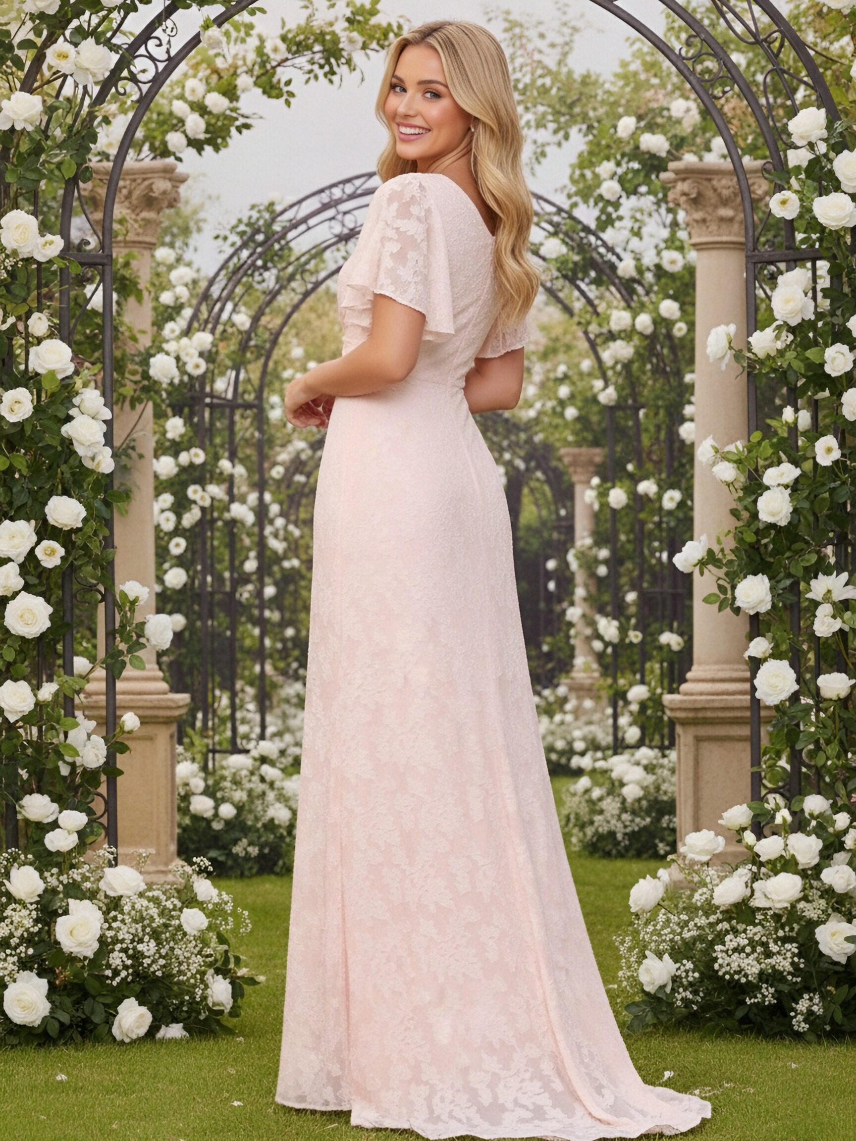 Short Sleeves Floral Chiffon Bridesmaid Dresses with Slit