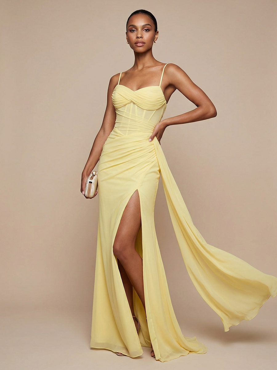 Chiffon Spaghetti Straps Sweetheart Long Bridesmaid Dresses with Slit