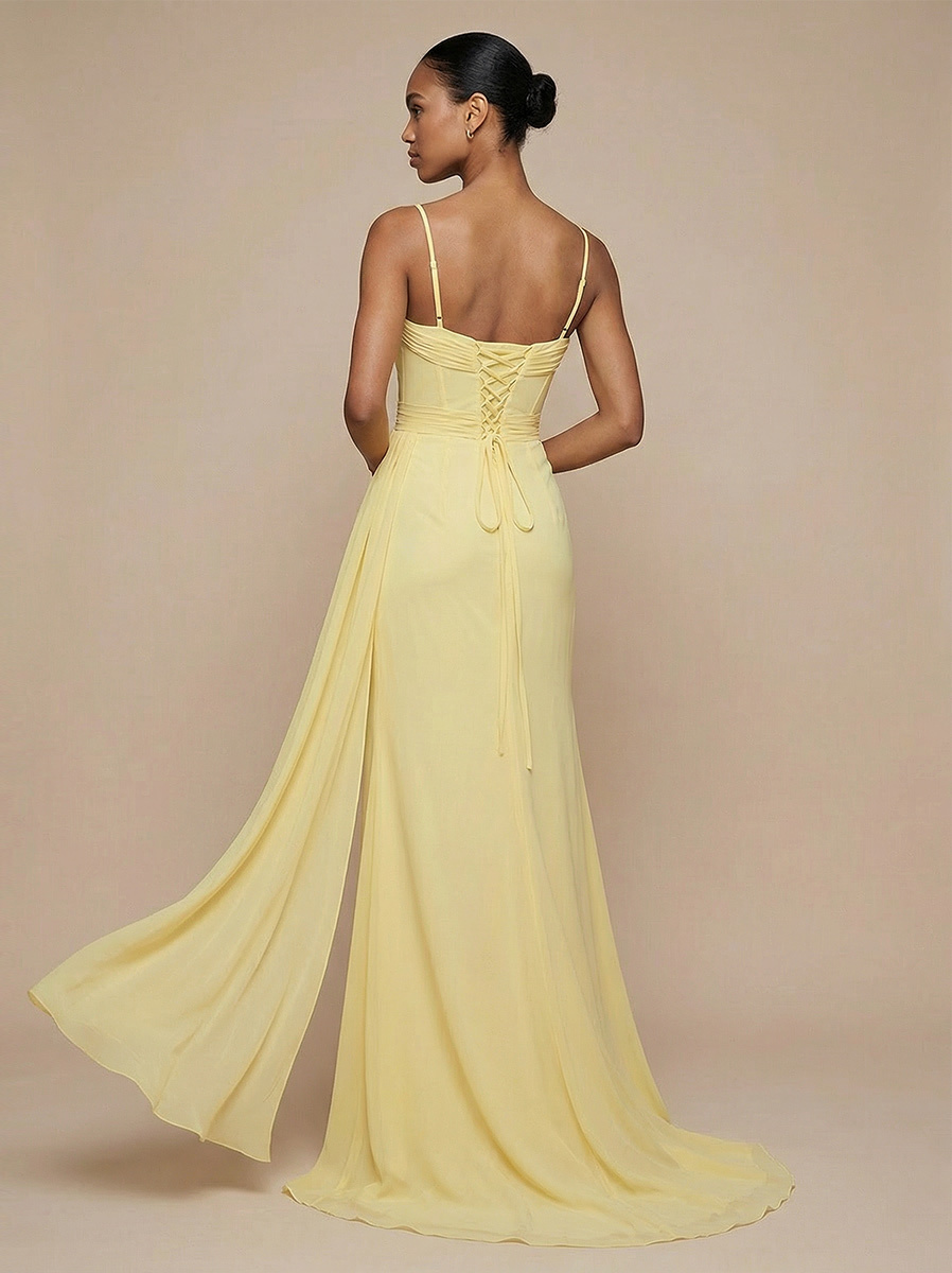 Chiffon Spaghetti Straps Sweetheart Long Bridesmaid Dresses with Slit