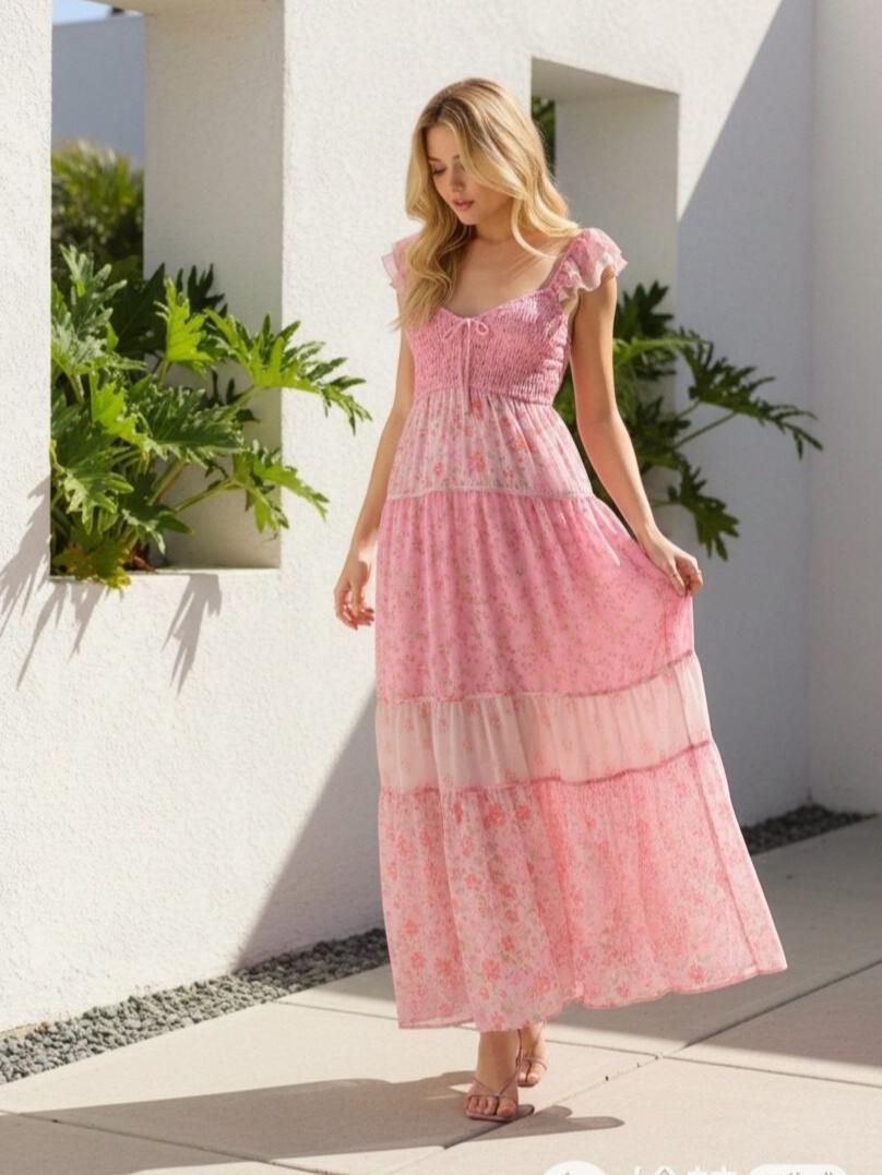 Spaghetti Straps Backless Floral A Line Holiday Dresses