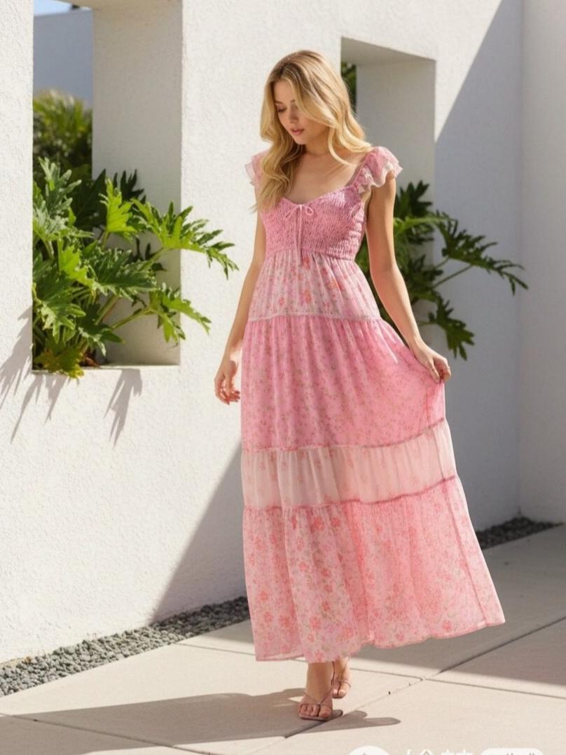 Spaghetti Straps Backless Floral A Line Holiday Dresses