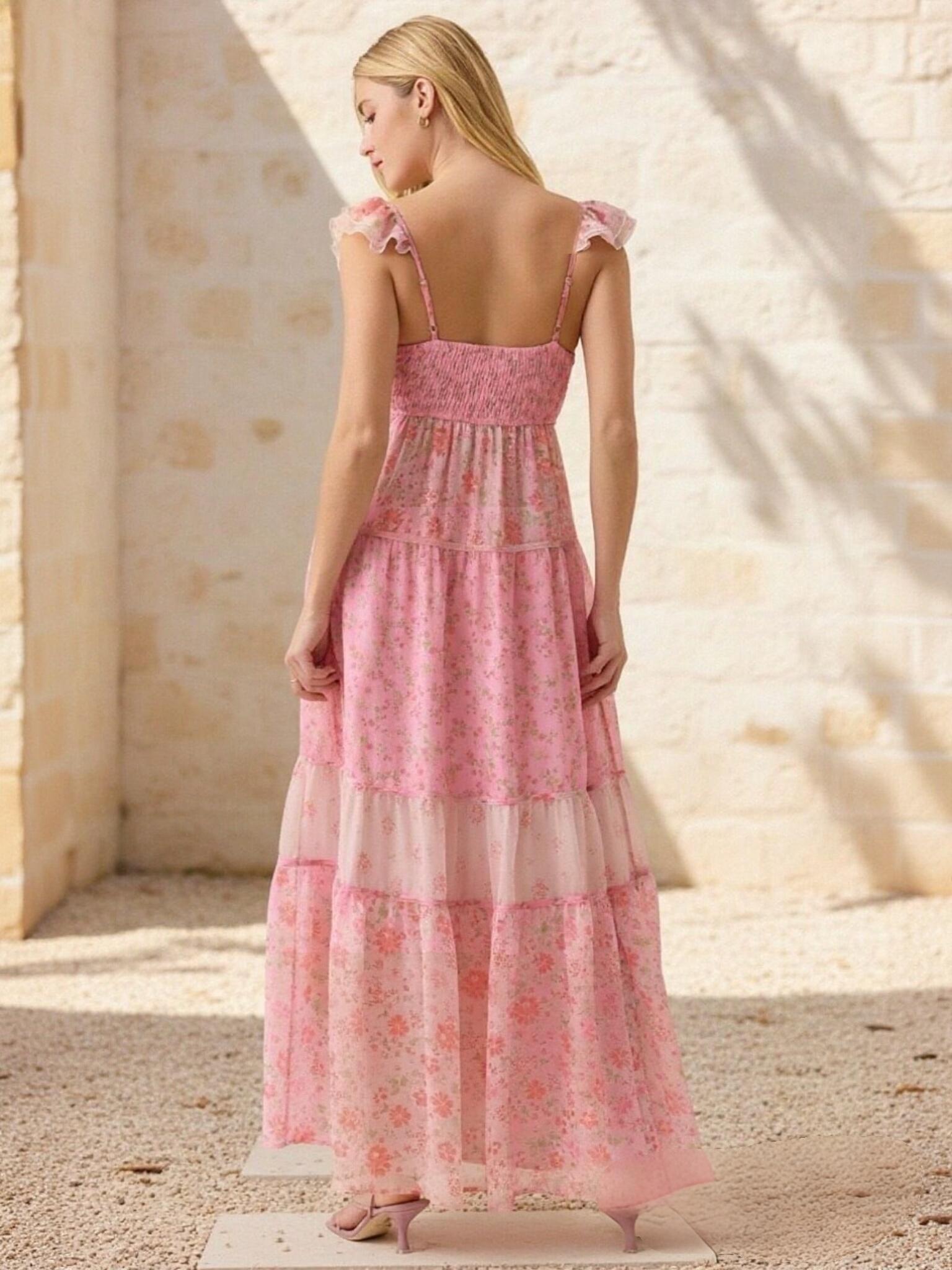 Spaghetti Straps Backless Floral A Line Holiday Dresses