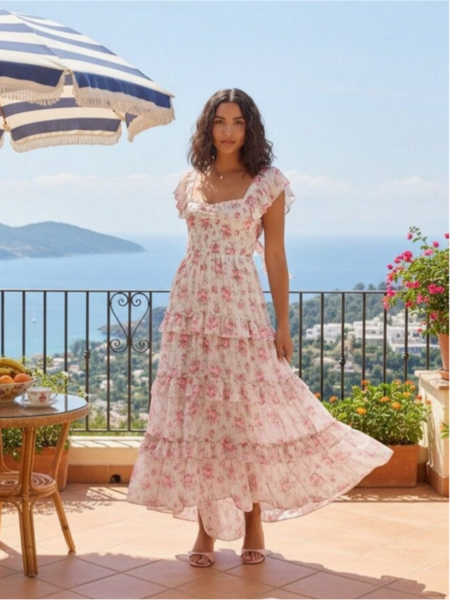 Short Sleeves Tiered Floral A Line Holiday Dresses