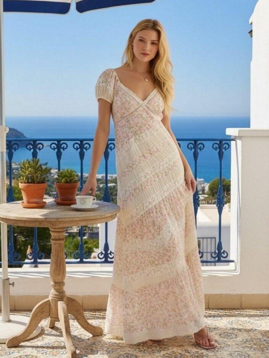 Short Sleeves Floor Length Floral A Line Holiday Dresses