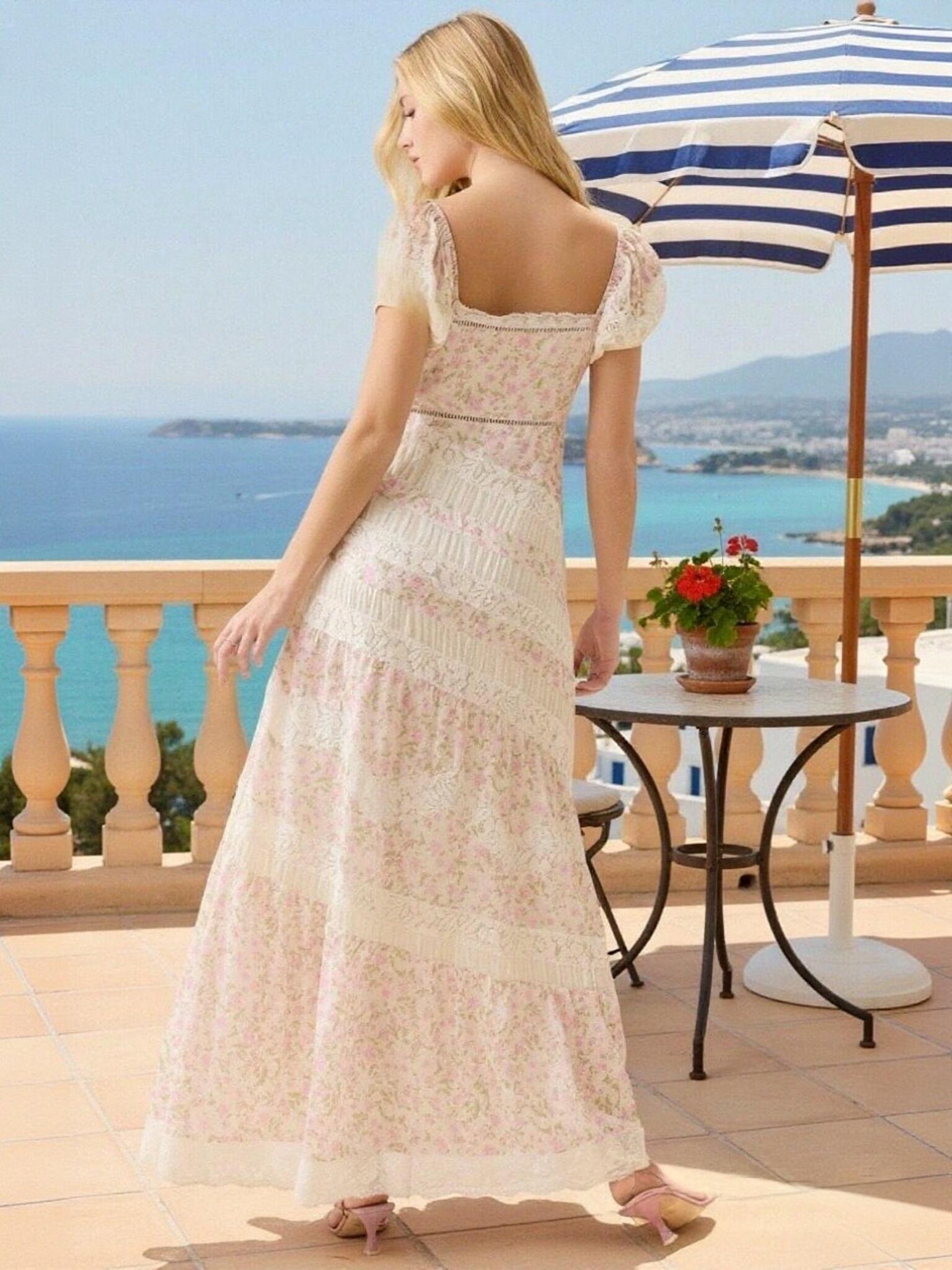 Short Sleeves Floor Length Floral A Line Holiday Dresses