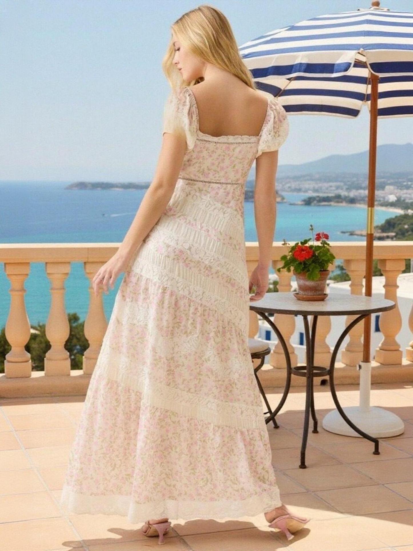 Short Sleeves Floor Length Floral A Line Holiday Dresses