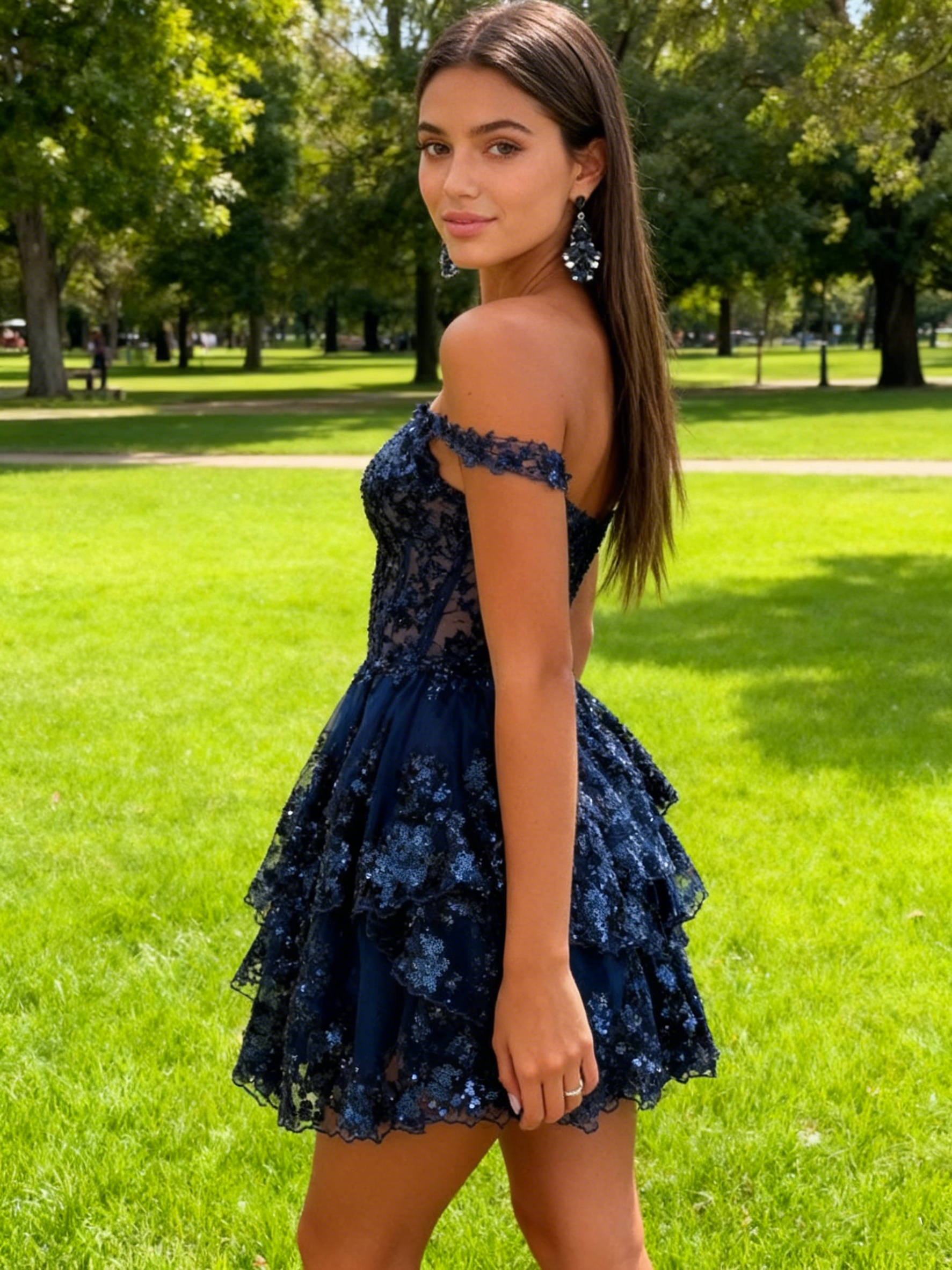 Off the Shoulder Sequin Lace Applique A Line Cocktail Dresses