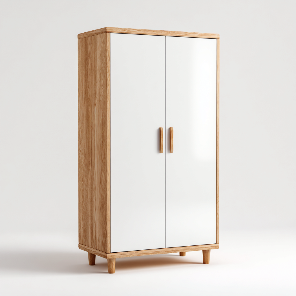 Armadio-legno-pannello-metallo-98x52x184 cm-Bianco-Legno naturale-design nordico-Shelterza