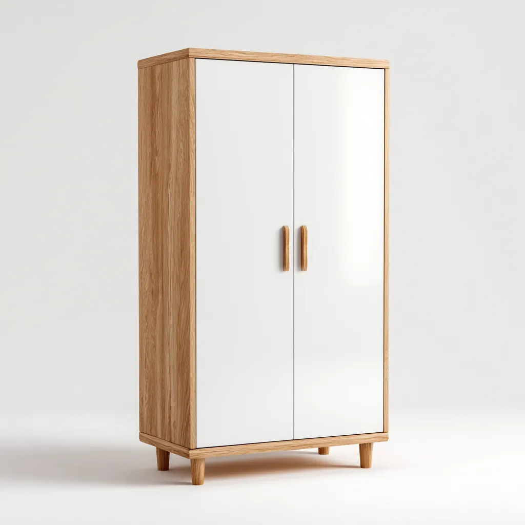 Armadio-legno-pannello-metallo-98x52x184 cm-Bianco-Legno naturale-design nordico-Shelterza