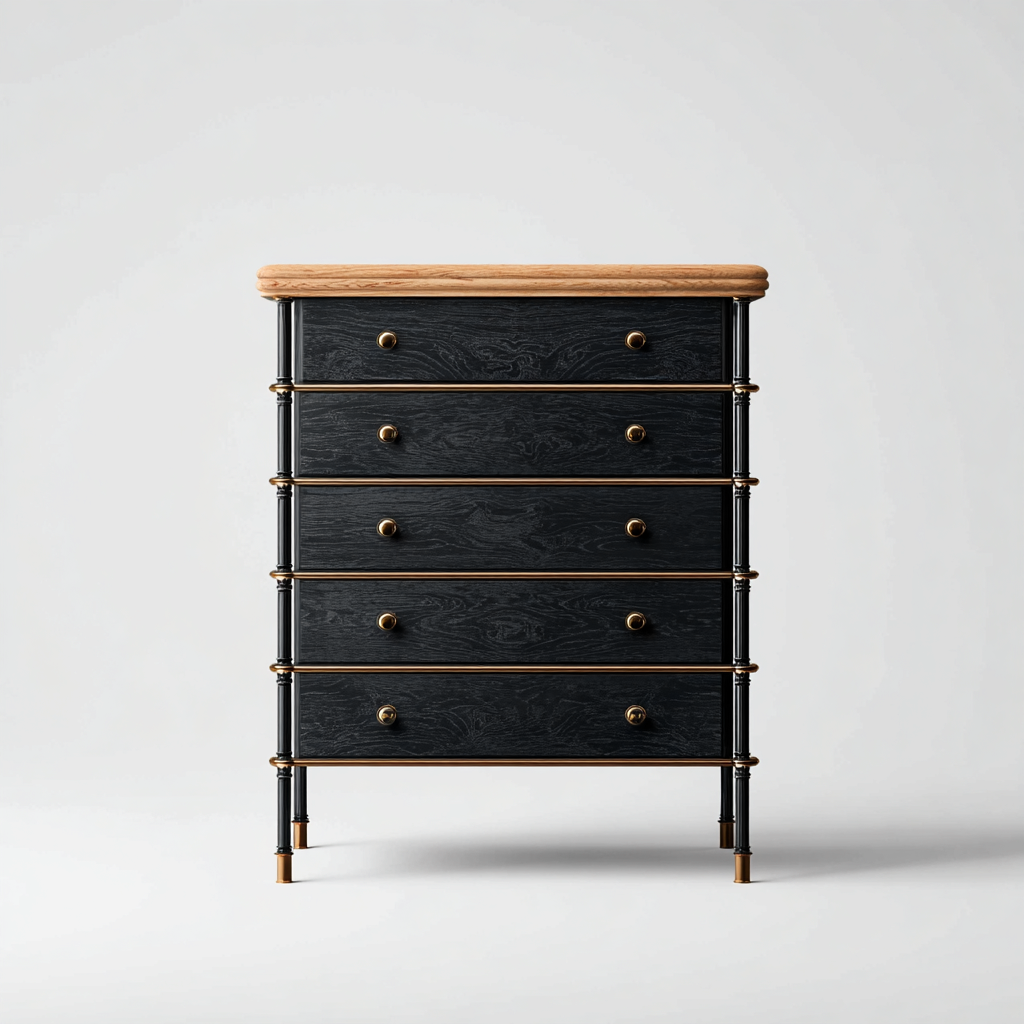 Cassettiera-legno-metallo-78x46x102 cm-nero-naturale-oro-design moderno-Shelterza