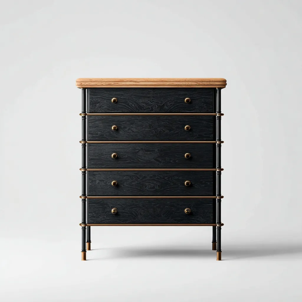 Cassettiera-legno-metallo-78x46x102 cm-nero-naturale-oro-design moderno-Shelterza