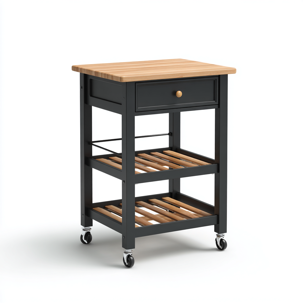 Carrello da cucina-legno-metallo-82x47x91 cm-nero-legno naturale-design moderno-Shelterza
