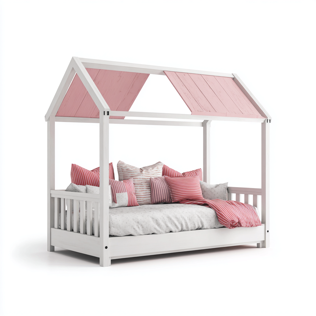 Letto per bambini-legno di pino-160x80x165 cm-bianco-rosa-design casetta-Shelterza