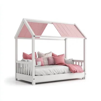 Letto per bambini-legno di pino-160x80x165 cm-bianco-rosa-design casetta-Shelterza