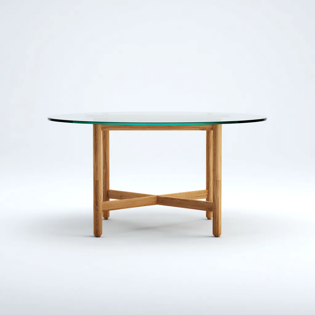 Tavolo da pranzo-vetro-legno massello-148x148x75 cm-trasparente-naturale-design moderno-Shelterza