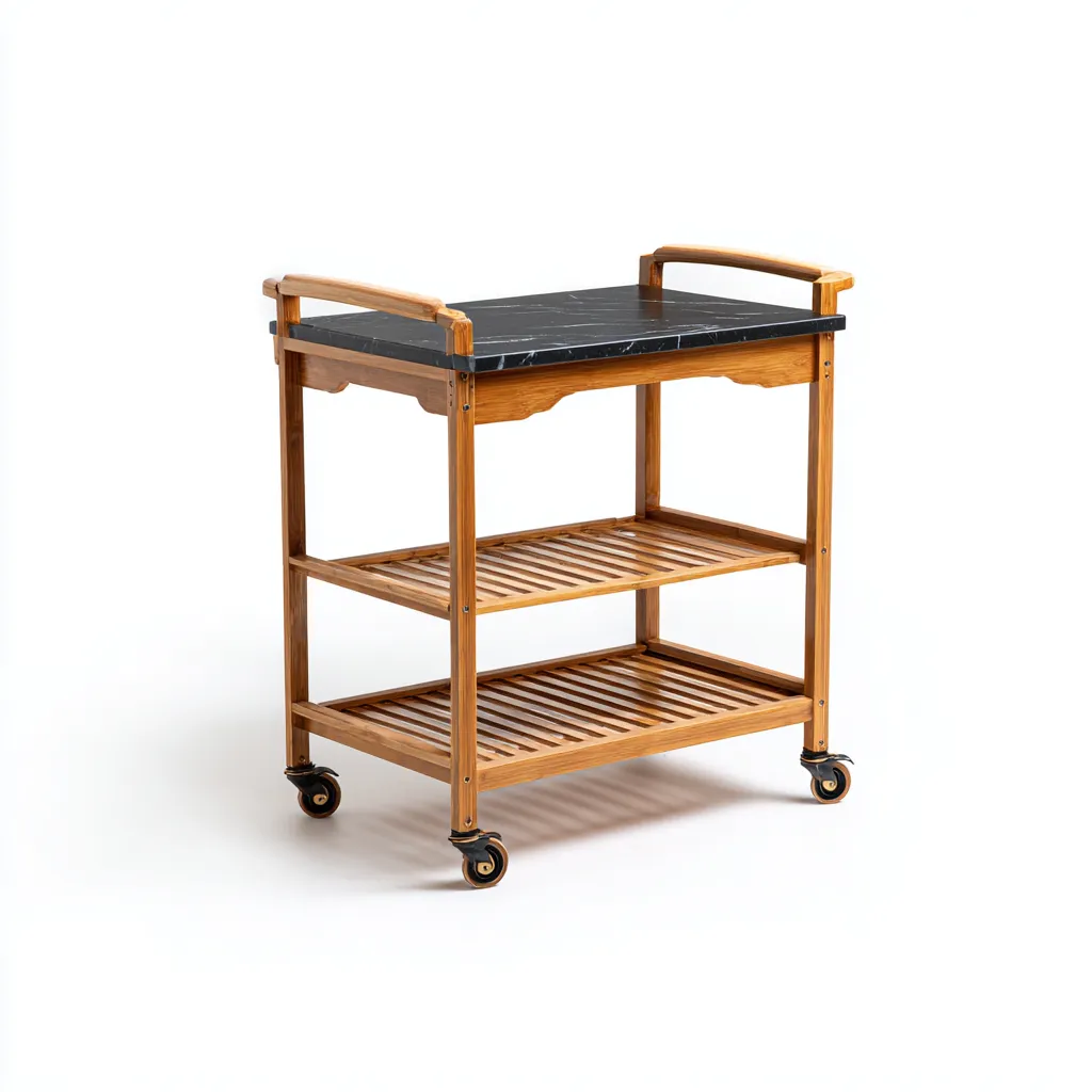 Carrello da cucina-legno-bambù-granito-81x42x88 cm-nero-legno naturale-design elegante-Shelterza