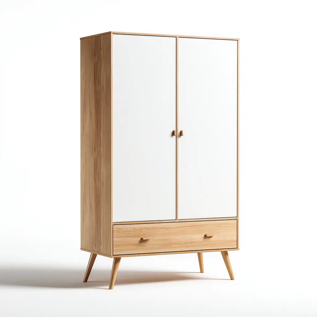 Armadio-legno-pannello-metallo-101x54x188 cm-Bianco-Legno naturale-design nordico-Shelterza