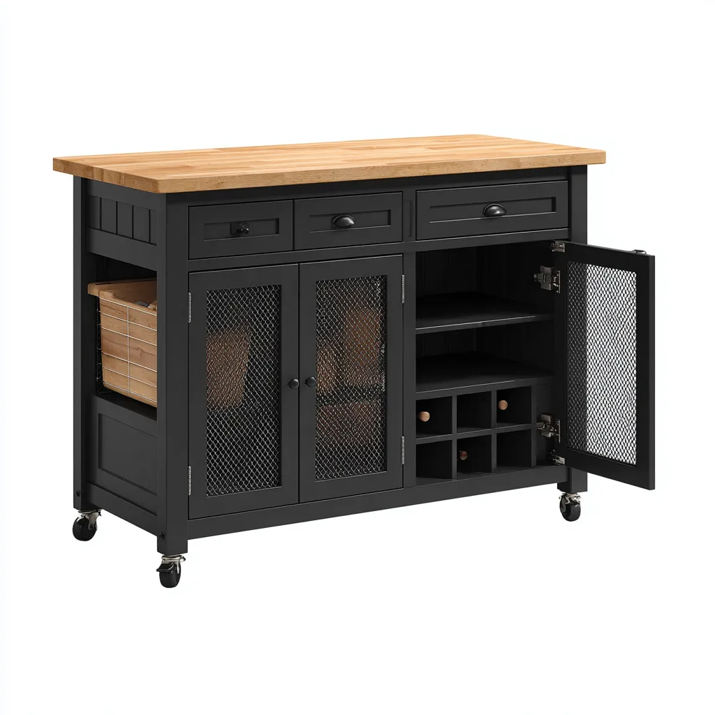 Isola da cucina-legno-metallo-155x50x95 cm-nero-legno naturale-design moderno-Shelterza