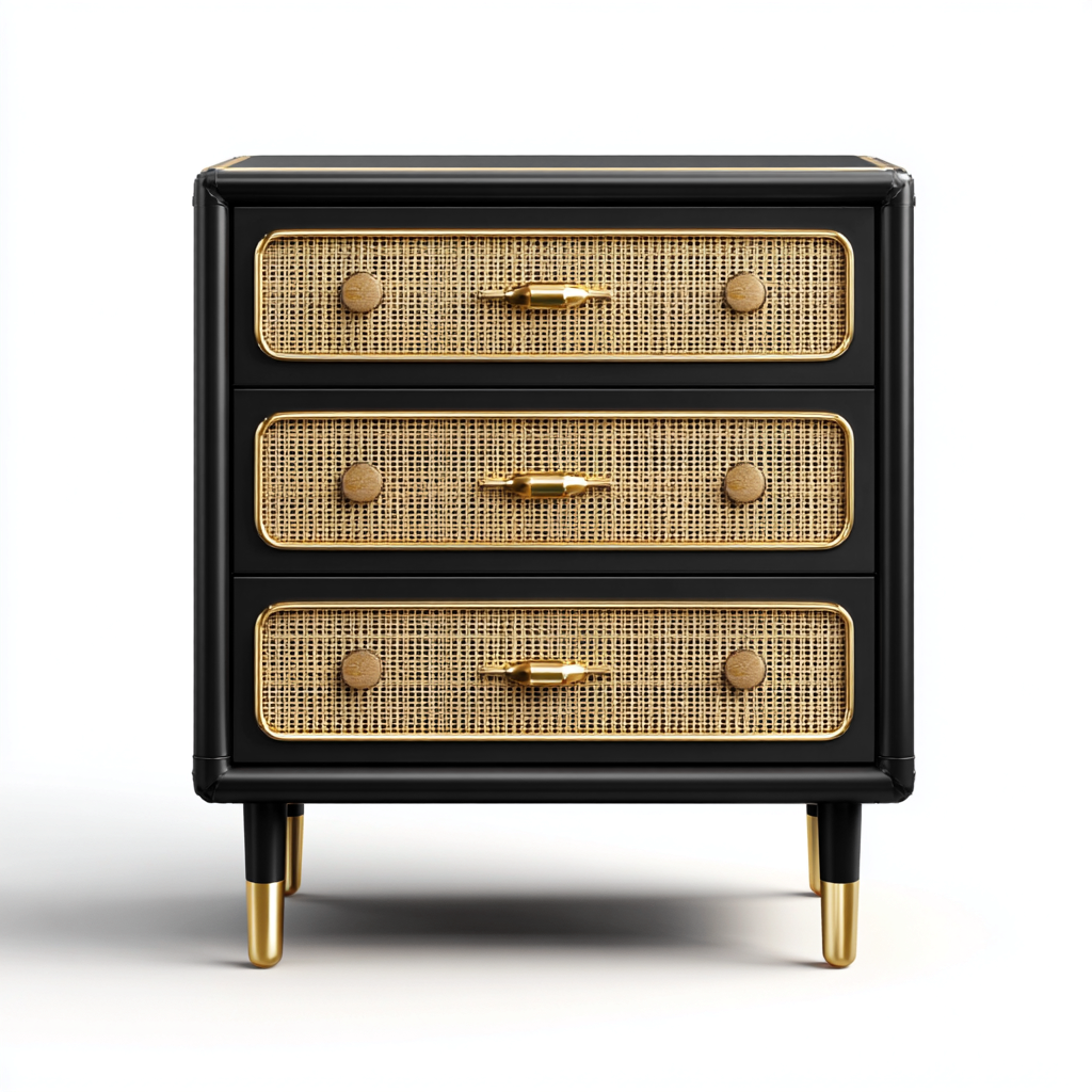 Cassettiera-rattan-legno-metallo-62x41x80 cm-nero-naturale-oro-design moderno-Shelterza