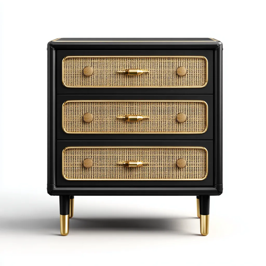 Cassettiera-rattan-legno-metallo-62x41x80 cm-nero-naturale-oro-design moderno-Shelterza