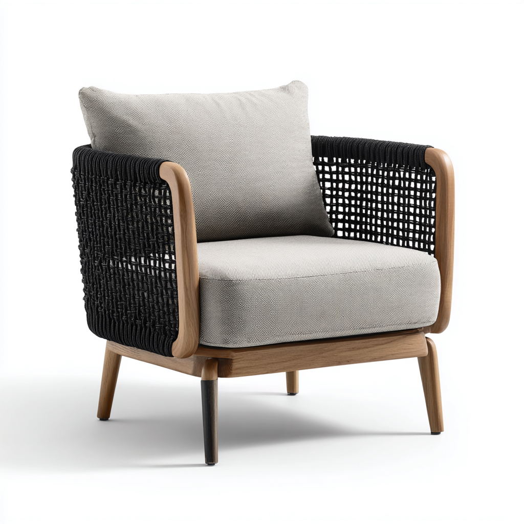 Poltrona da giardino-legno-tessuto-corda-76x70x82 cm-grigio-nero-design moderno-Shelterza