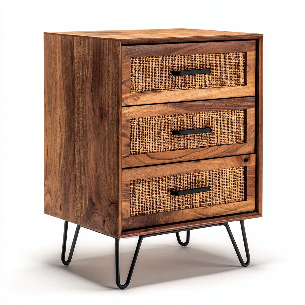 Cassettiera-legno-rattan-metallo-64x42x86 cm-naturale-nero-design moderno-Shelterza