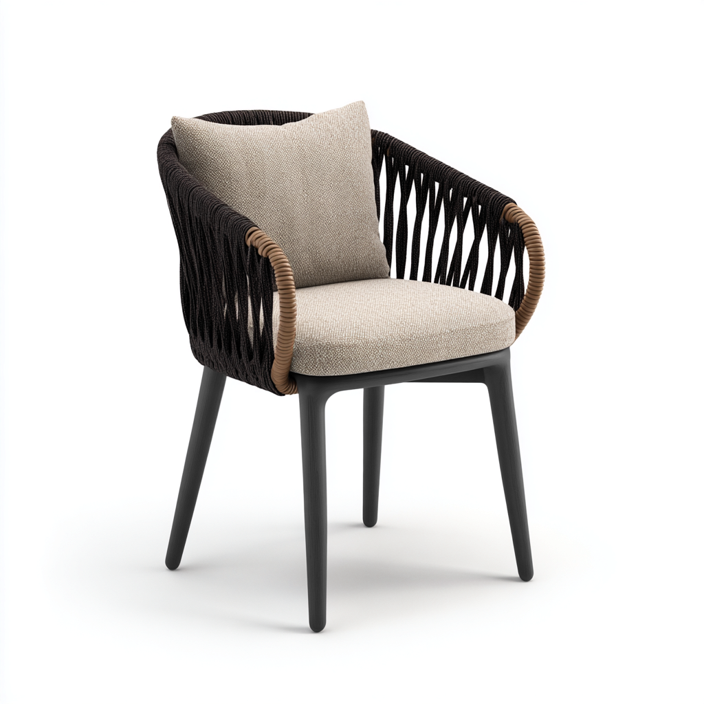 Poltrona da giardino-corda-tessuto-legno-60x58x81 cm-nero-beige-design moderno-Shelterza