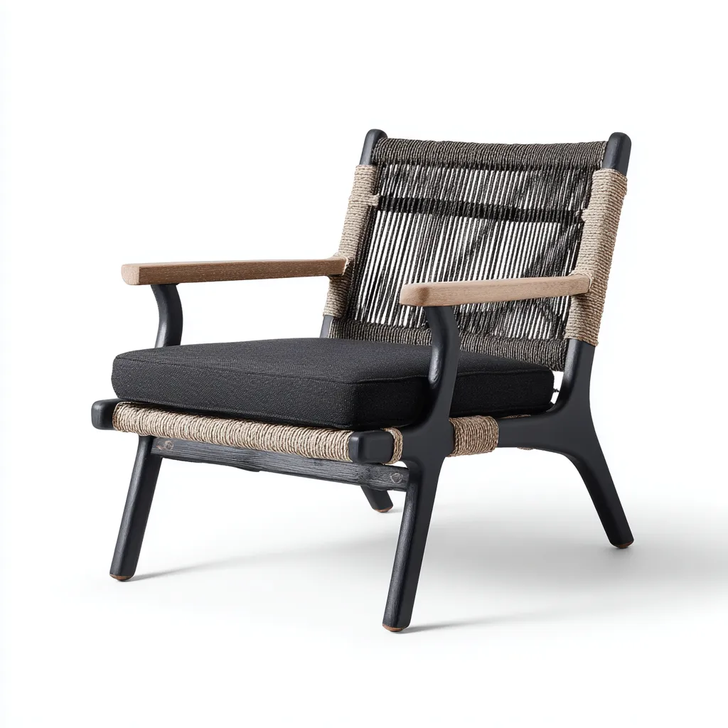 Poltrona da giardino-corda-legno-tessuto-65x70x82 cm-nero-beige-design moderno-Shelterza