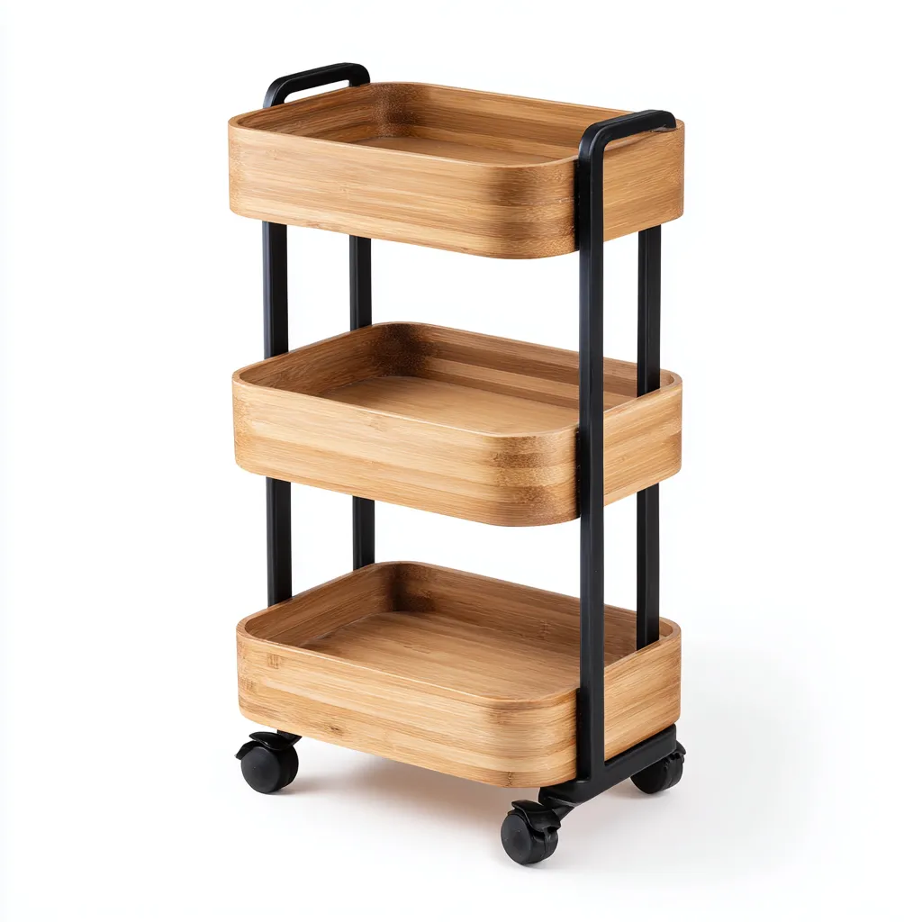 Carrello da cucina-bambù-metallo-74x34x89 cm-nero-legno naturale-design moderno-Shelterza