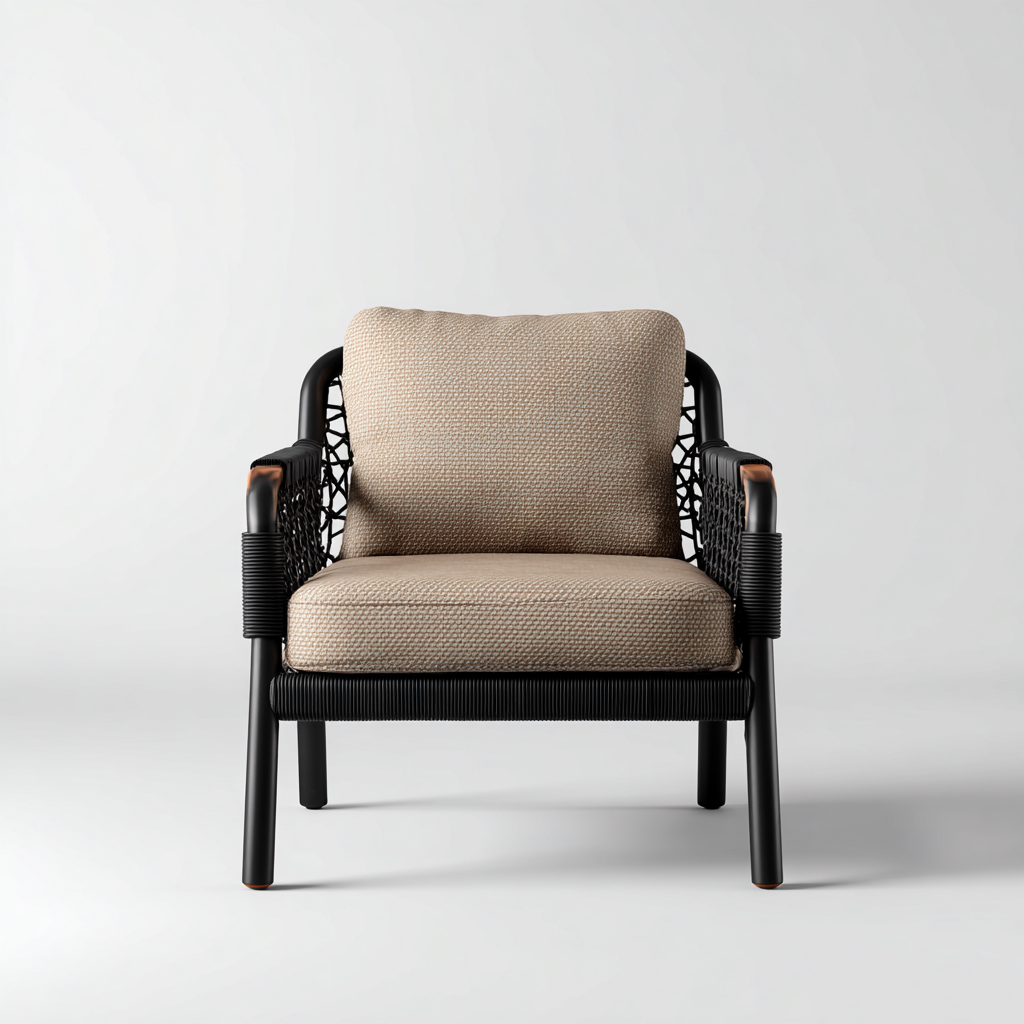 Poltrona da giardino-corda-metallo-tessuto-66x72x80 cm-beige-nero-design moderno-Shelterza