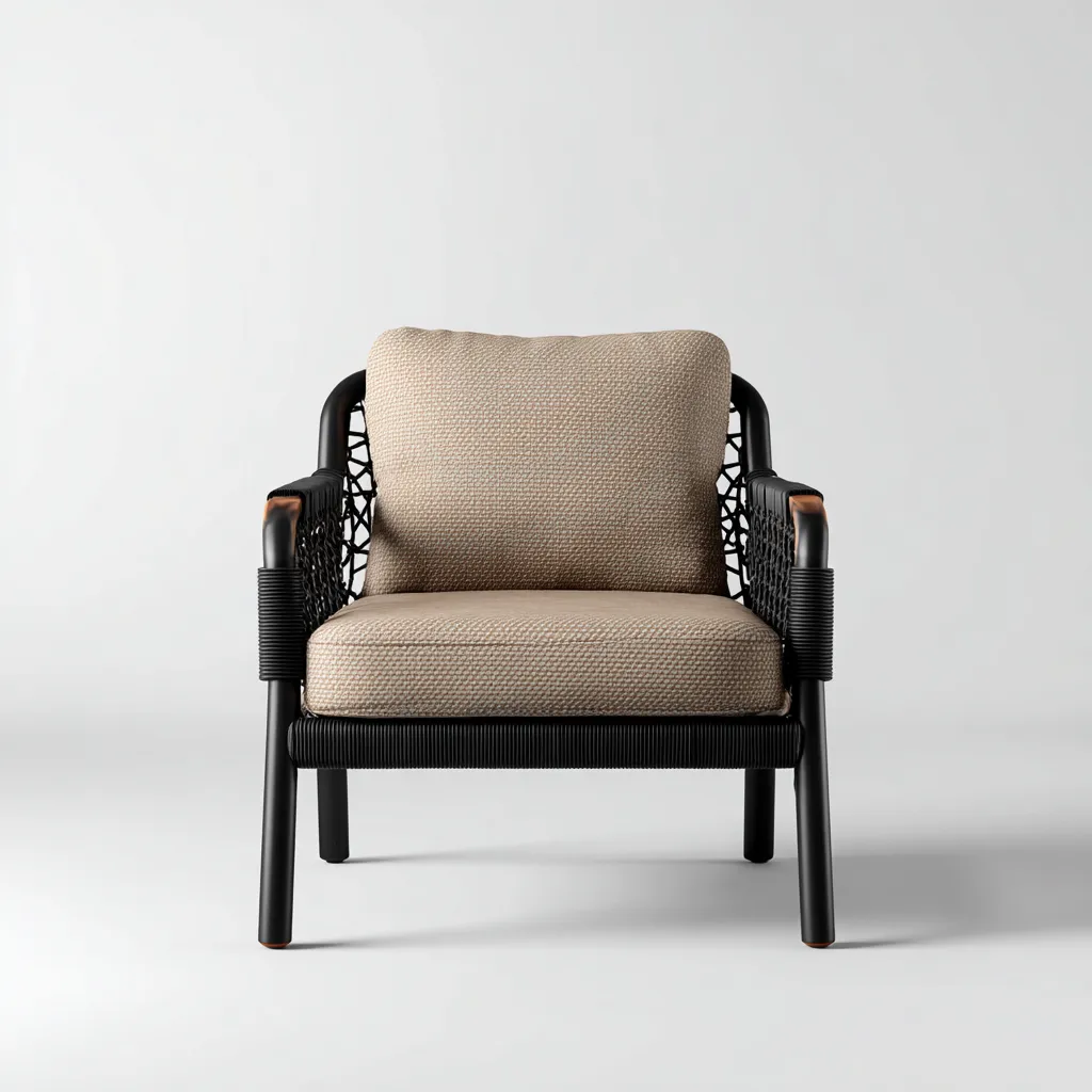 Poltrona da giardino-corda-metallo-tessuto-66x72x80 cm-beige-nero-design moderno-Shelterza