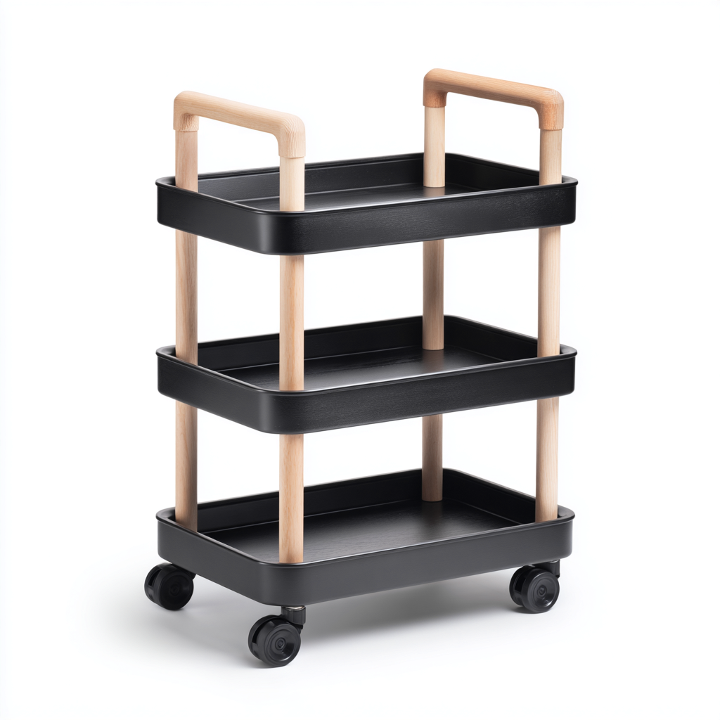 Carrello da cucina-metallo-legno-68x36x85 cm-nero-legno naturale-design moderno-Shelterza