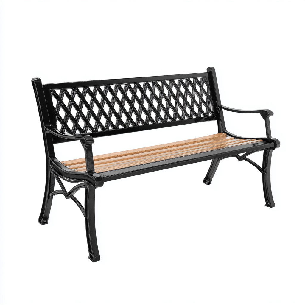 Panca da giardino in metallo e legno 125x58x80 cm - nero - naturale - design a griglia - adatta per arredare il giardino-villaovae