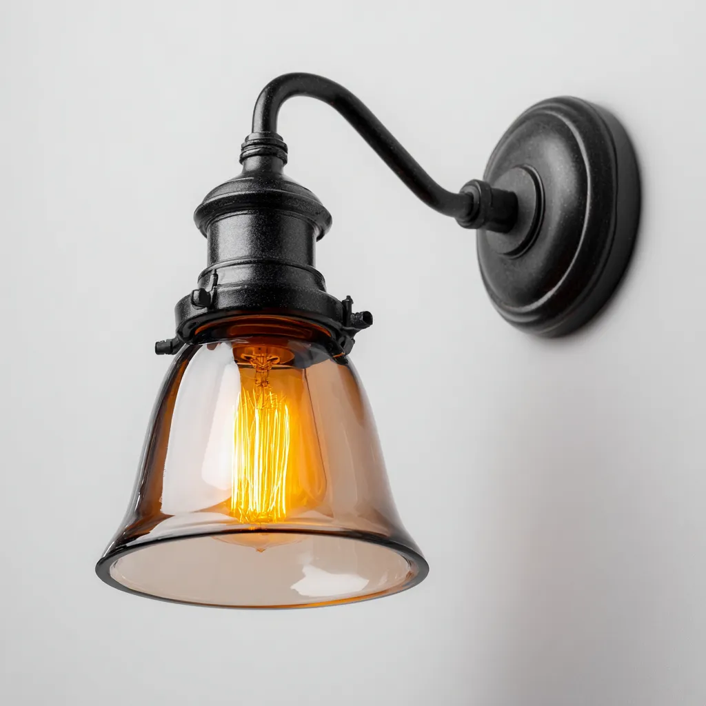 Applique in metallo e vetro 16x16x28 cm - ambra - nero - per interni - design industriale vintage-villaovae