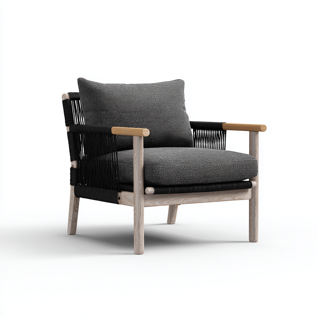 Poltrona da giardino corda intrecciata - legno - tessuto 78x76x82 cm - nero - design moderno per esterni-villaovae