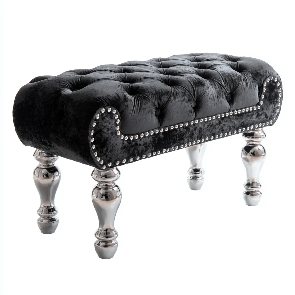 Panca per letto velluto con dettagli metallici 80x40x45 cm - nero - argento - stile classico per camera da letto-villaovae