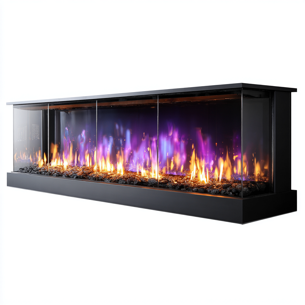 Camino elettrico tre lati vetro - metallo 150x28x48 cm - nero - per soggiorno - fiamma multicolore - design moderno-villaovae