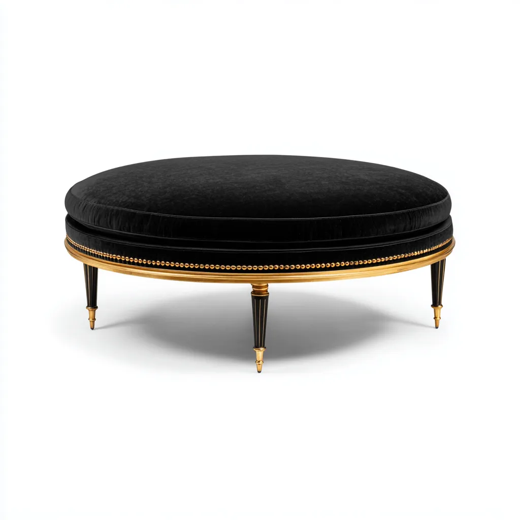 Pouf rotondo velluto 90x90x40 cm - nero - oro - stile classico per soggiorno-villaovae