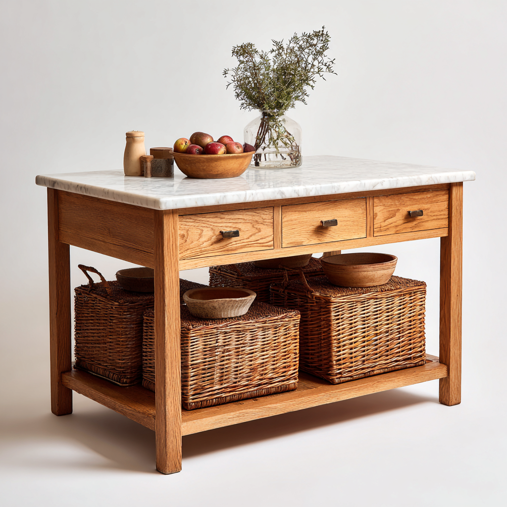 Isola da cucina legno e marmo 120x80x90 cm - legno naturale - marmo bianco - per cucina - design funzionale-villaovae