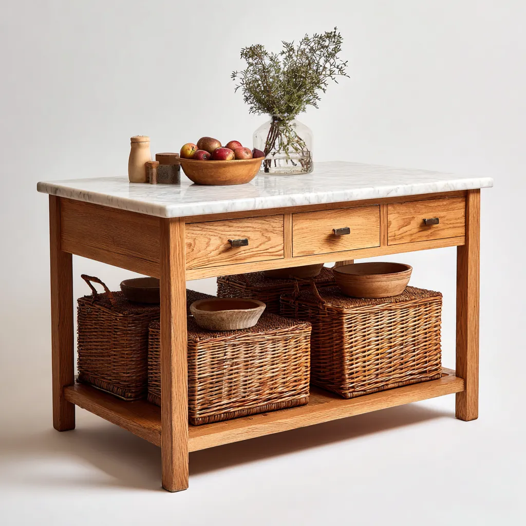 Isola da cucina legno e marmo 120x80x90 cm - legno naturale - marmo bianco - per cucina - design funzionale-villaovae