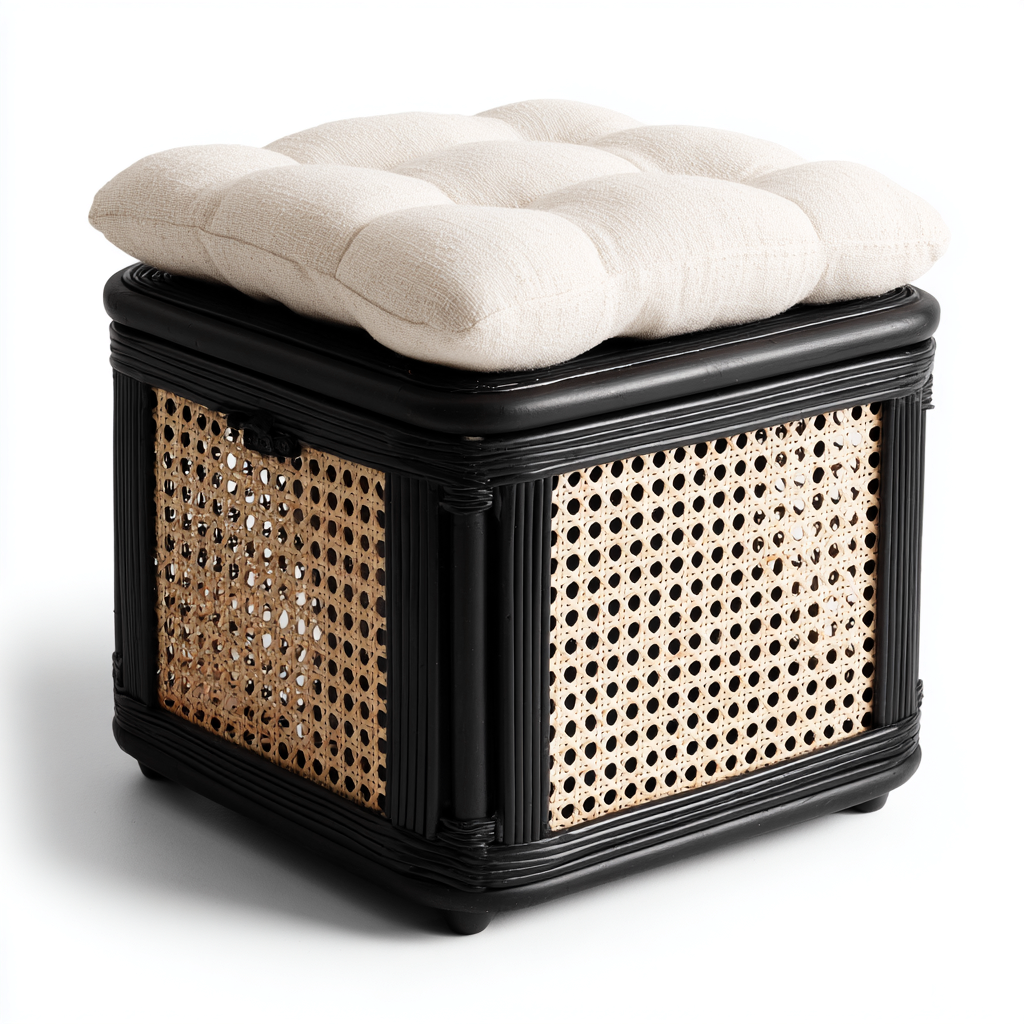 Pouf in rattan con cuscino imbottito 45x45x50 cm - nero - naturale - crema - design elegante adatto al soggiorno-villaovae
