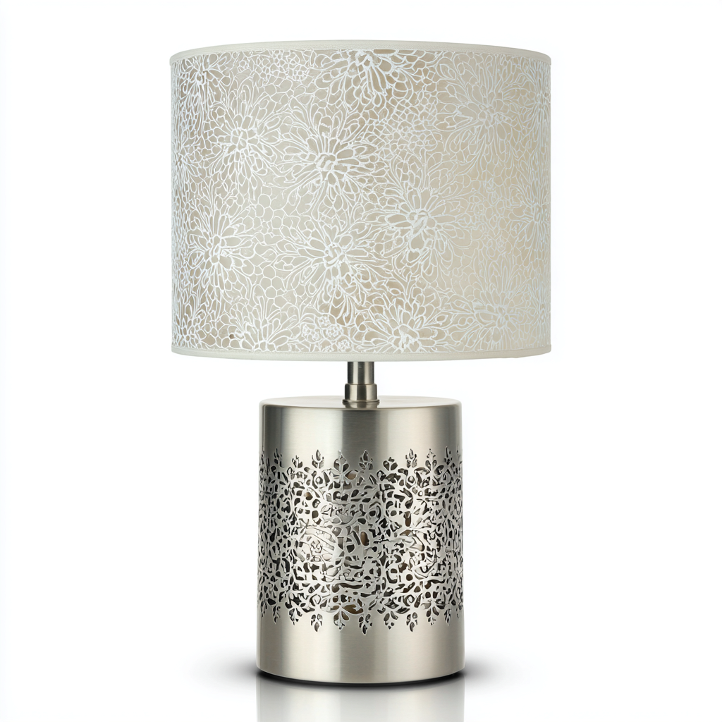 Lampada da tavolo - metallo - tessuto - 28x28x45 cm - bianco - argento - design moderno - adatta per soggiorno - camera da letto-villaovae