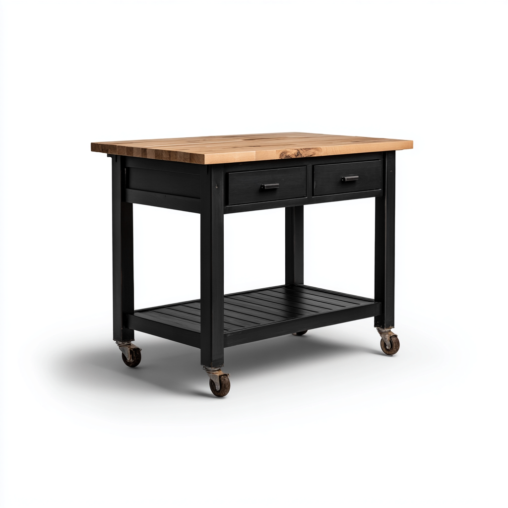 Isola da cucina-legno - metallo-110x55x90 cm-nero - legno naturale-design moderno per cucina-villaovae