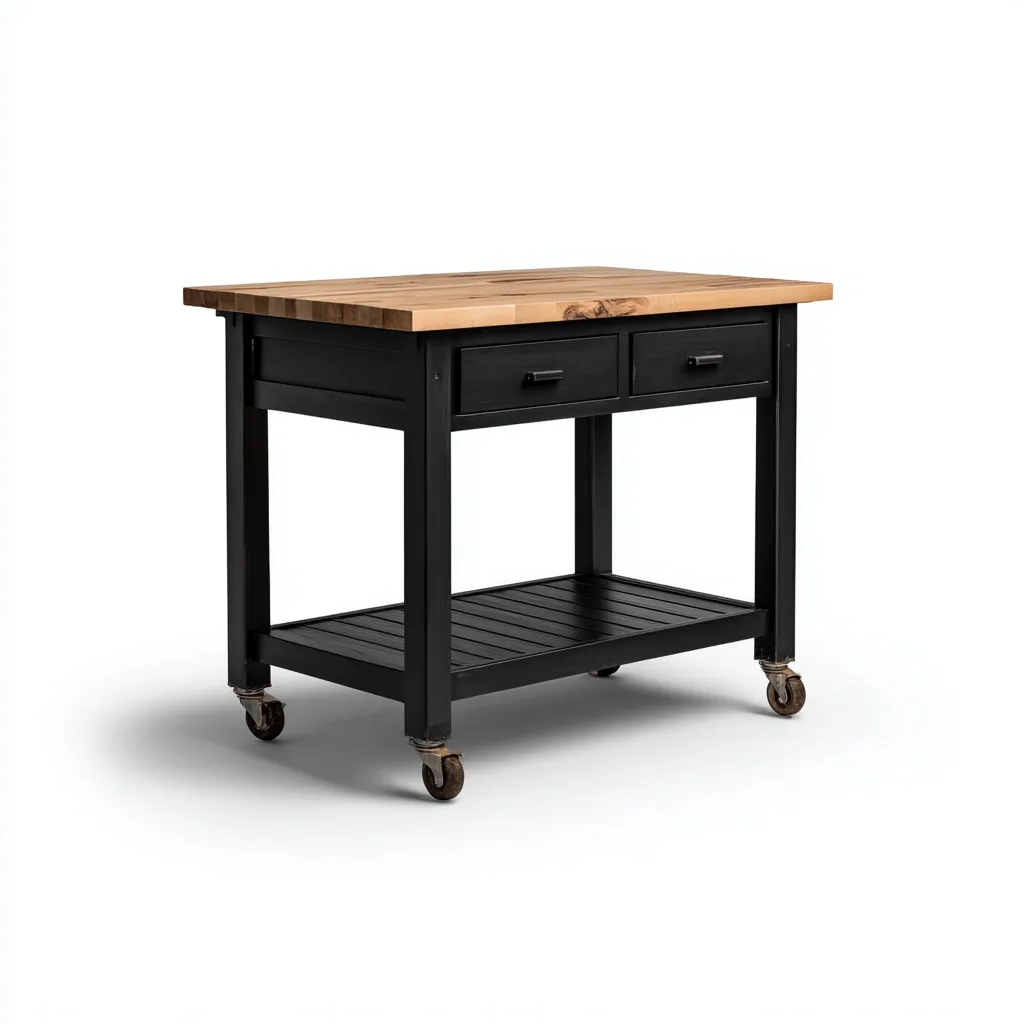 Isola da cucina-legno - metallo-110x55x90 cm-nero - legno naturale-design moderno per cucina-villaovae